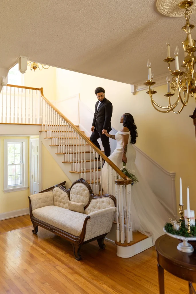 bride-groom-on-stairs - Riegel Hall - Ware Shoals, SC event-planning-guide