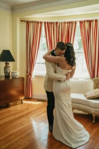 bride and groom dancing in the Riegel Hall sitting room